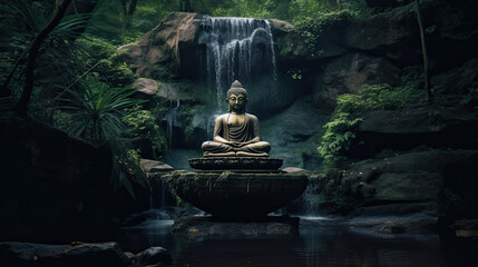 Meditating buddha on a rock at the waterfall in nature. Generative Ai - obrazy, fototapety, plakaty