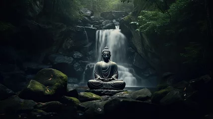 Fotobehang Meditating buddha on a rock at the waterfall in nature. Generative Ai © tong2530