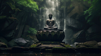 Meditating buddha on a rock at the waterfall in nature. Generative Ai