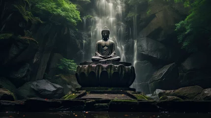  Meditating buddha on a rock at the waterfall in nature. Generative Ai © tong2530