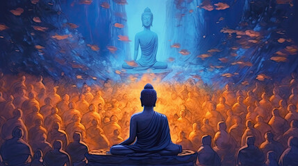 Buddha delivering teachings, Makha Bucha Day. Generative Ai - obrazy, fototapety, plakaty