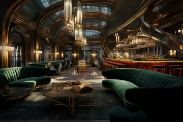 A contemporary lounge bar at a train station with a modern concept design depicted in a 3D rendering. Generative AI - obrazy, fototapety, plakaty