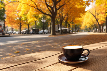 Cup of coffee on a table among autumn leaves in a street cafe. Generative AI. - obrazy, fototapety, plakaty