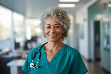 Portrait of smiling nurse standing in corridor at hospital during her shift