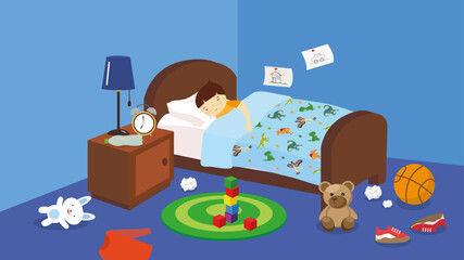 Vector illustration of a little boy sleeping in bed with a lot of toys
