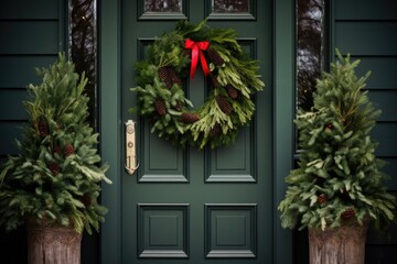 wreath made of evergreen branches on front door