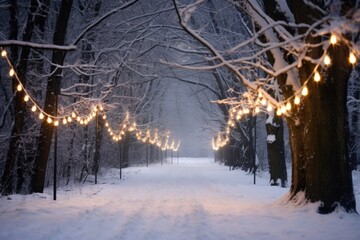 outdoor fairy light strung between trees on a snowy lane