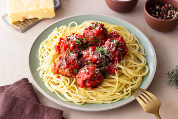 Pasta spaghetti with meatballs in tomato sauce. Italian food.