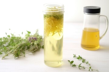 pale-yellow iced herbal tea in a transparent thermos mug