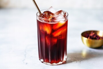 a glass of hibiscus iced tea with a steel spoon