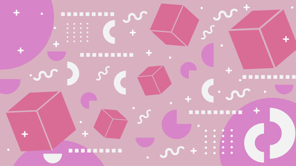 Vector colorful geometric on pink cube and circle background collection retro shapes Memphis