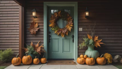 Foto op Canvas fall autumn wreath on brown front door and autumn decor on front door steps. ai generated © Shubby Studio
