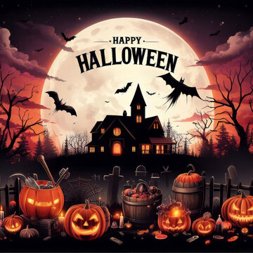 Halloween background with haunted house and pumpkins. Generated by AI