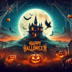 Halloween background with haunted house and pumpkins. Generated by AI - obrazy, fototapety, plakaty