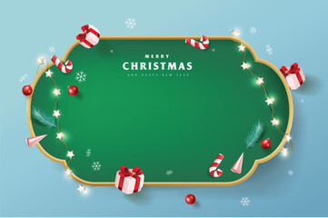 Merry Christmas sign banner frame with empty space and festive decoration on blue background