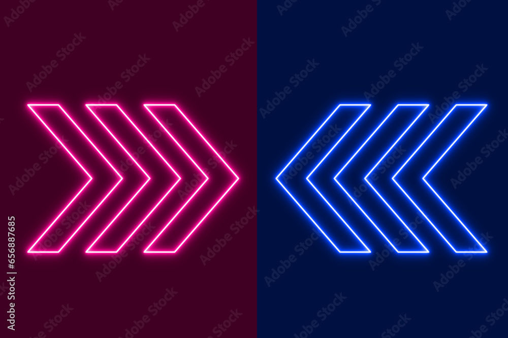 Poster left and right set of glowing neon arrows. glowing neon arrow pointers on black background.