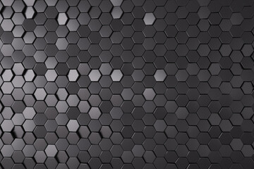 Dark black hexagonal tech background texture, black, 3d rendering.
