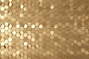 Gold hexagonal tech background texture, black, 3d rendering.

