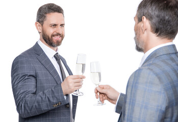 businessmen celebrating success after successful business dealing and partnership isolated on white
