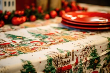 detailed shot of christmas themed tablecloth and napkins