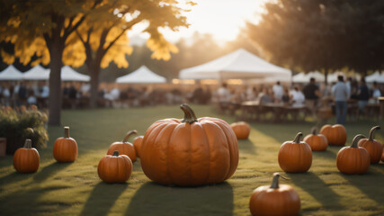 pumpkins on a pumpkin patch farm autumn fall festival with lights and people. ai generated - obrazy, fototapety, plakaty