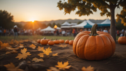 Naklejka na ściany i meble pumpkins on a pumpkin patch farm autumn fall festival with lights and people. ai generated