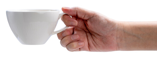 Female hand holding a white coffee cup on isolate on white background PNG File - Powered by Adobe