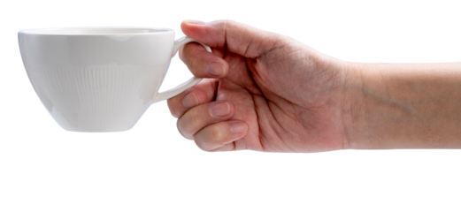 Female hand holding a white coffee cup on isolate on white background PNG File