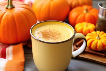 pumpkin spice latte in a bright orange mug