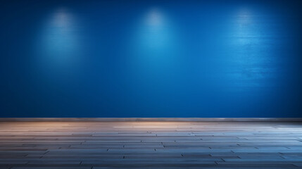 Blue empty wall and wooden floor with interesting light glare. Interior background for the presentation. Generative Ai