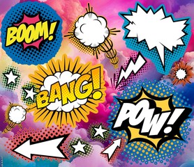 Comics pattern, vintage, retro style. Cartoon elements, cinema. Multicoloured background. Graffiti, street style.