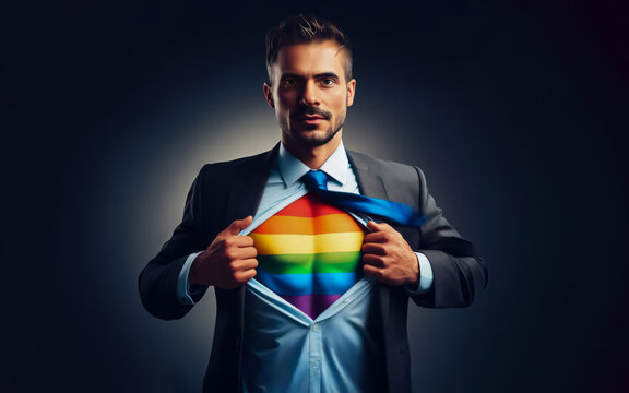Gesch&auml;ftsmann &ouml;ffnet Hemd und enth&uuml;llt Regenbogen-Superhelden-Outfit 