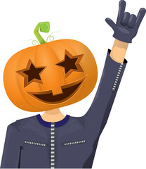 Man in halloween costume with pumpkin mask isolated on white background. Happy Halloween rock n roll party background and poster design template with funny Halloween cartoon character.