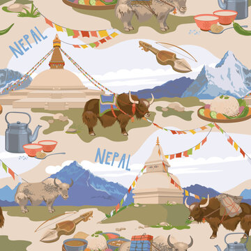 Attributes of Nepalese culture. Seamless pattern. Vector, flat style. Mountains, Buddhist stupa, tea with butter and salt, karangi, vegetarian Nepalese Thali set (Dal Bhat), yak.