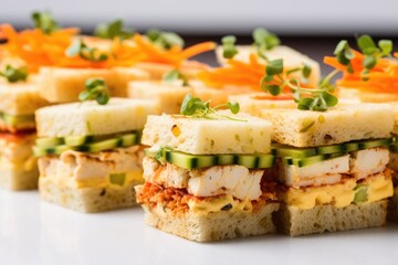 a neat row of mini sandwiches with spicy mayo and variety of fillings