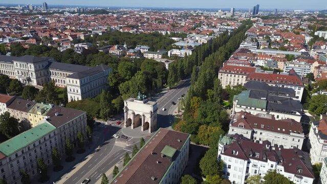 Wonderful aerial top view flight 
Victory Gate city town Munich Germany Bavarian, summer sunny blue sky day 23. panorama overview drone
4k cinematic footage