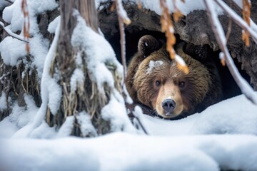 bear hibernating in a cave during winter - obrazy, fototapety, plakaty