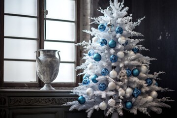 white christmas tree with blue and silver ornaments