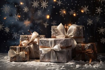 wrapped gift boxes with shiny snowflakes atop