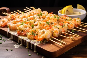 shrimp skewers on bamboo sticks with garlic butter sauce