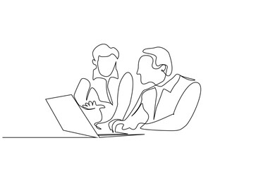 business life people meeting laptop talking deciding explaining manager employee line art design