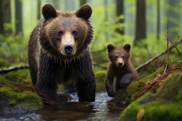 a bear cub following its mother in woodland