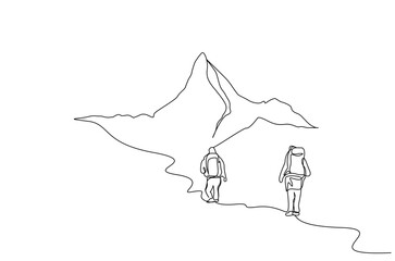 two people nature backpack walking hike trekking far away back rear behind lifestyle line art design