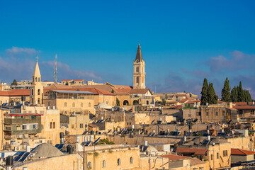 Fototapeta na wymiar View of the Christian Quarter featuring the Monastery of Saint Saviour in Jerusalem Old City