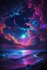  neon light art, in the dark of night, moonlit seas, clouds, moon, stars, colorful, detailed, 4k 