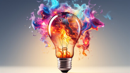 Creative light bulb explodes with colorful paint and colors. New idea, brainstorming concept. Banner. Ai generated - obrazy, fototapety, plakaty