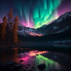 Fototapeta na wymiar elements of nature, such as forests or mountains, bathed in the glow of the aurora, creating a captivating scen