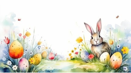 Easter greeting card watercolor illustration template without text - obrazy, fototapety, plakaty