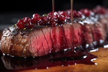 detail of steak texture under red wine reduction glaze