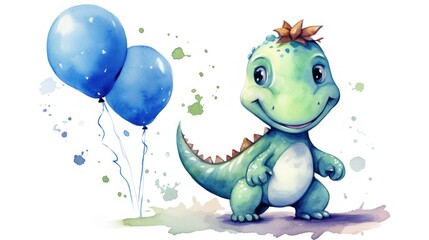 Obraz premium Birthday greeting card, watercolor illustration with cute dinosaur and balloons